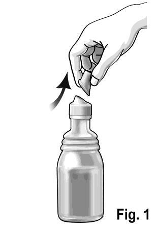 Mano che rimuove il tappo da un flacone di medicinale trasparente con freccia direzionale indicante l