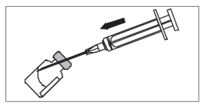 Siringa con ago inserito in un tappo di flacone, freccia nera indica la direzione di rotazione per l