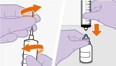 Mani con guanti viola che ruotano e preparano una siringa collegata a una fiala di medicinale con frecce arancioni