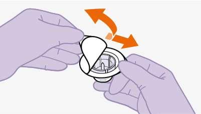 Mani con guanti viola che aprono un dispositivo medico circolare con frecce arancioni che indicano il movimento di rotazione
