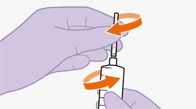 Mano guantata che ruota una siringa preriempita con frecce arancioni che indicano la direzione del movimento rotatorio