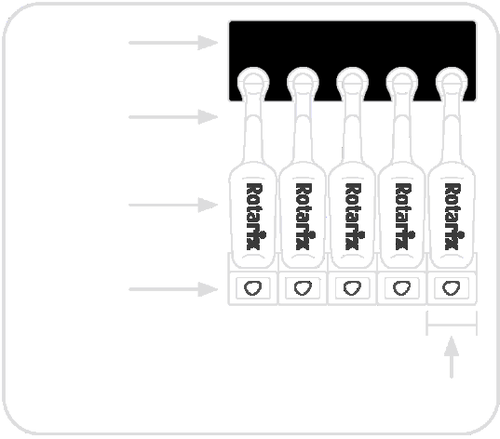 Confezione di cinque aghi monouso Rotarfix con cappucci protettivi bianchi e indicatori di rimozione, frecce direzionali e scala di misurazione