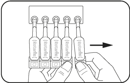 Dispositivo Rotarix con cinque fiale cilindriche e una mano che ne afferra una tenendola pronta per l