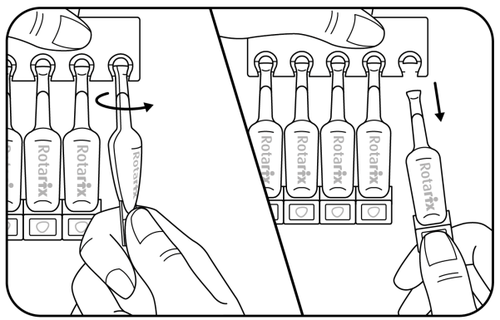 Dispositivo Rotarix con cartuccia trasparente e ago, tenuto da una mano con freccia che indica la direzione di inserimento