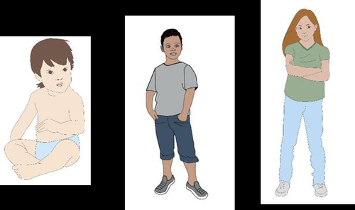 Tre bambini di diverse età e etnie sono raffigurati in posizioni diverse