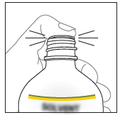 Mano che afferra il tappo a vite di un flacone medicinale trasparente con una banda gialla in basso