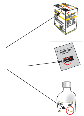 Confezione di Noxafil, bustina e flacone con cerchi rossi che indicano i punti di rottura o apertura