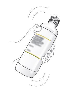 Flacone bianco con tappo grigio tenuto da una mano stilizzata con linee curve che indicano il movimento