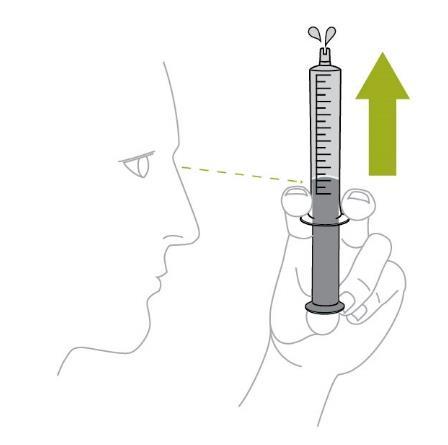 Profilo di un volto e mano che tiene una siringa piena, freccia verde indica la direzione di iniezione nasale con linea tratteggiata