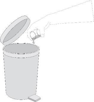 Mano che getta una cartuccia usata in un contenitore per rifiuti con pedale aperto a destra