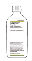 Flacone di solvente medicinale bianco con etichetta nera e testo informativo dettagliato sul contenuto e le istruzioni