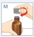 Mano che svita il tappo di un flacone marrone, freccia rossa indica il movimento rotatorio per l