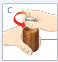 Mano che svita il tappo di un flacone marrone, freccia rossa curva indica il movimento antiorario