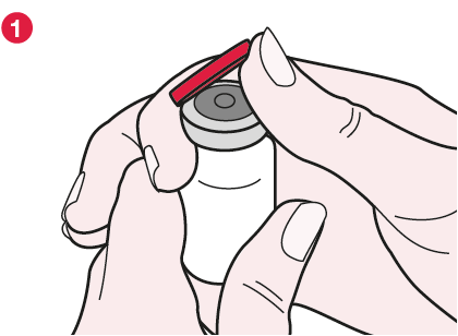 Mano che rimuove il tappo protettivo da un flaconcino di medicinale trasparente con parte superiore rossa