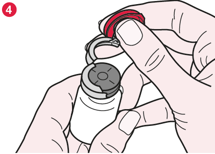 Mano che afferra il tappo di una fiala medicinale con meccanismo a rotazione per rimuoverlo e accedere al contenuto