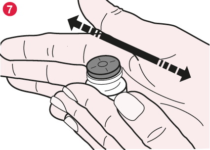 Mano che tiene un tappo di flacone medicinale con freccia nera che indica la direzione di rotazione per aprirlo