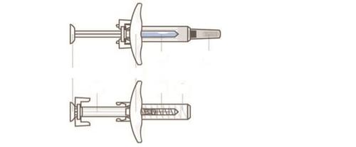 Siringa pre-riempita con stantuffo visibile e ago, mostrata in due viste laterali con indicazioni delle parti