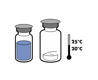 Due flaconi medicinali con liquido blu in uno e liofilizzato nell