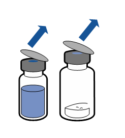 Due flaconi di vetro con tappi, uno pieno di liquido blu e l