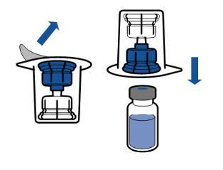 Fiala con liquido blu, tappo nero e dispositivo di trasferimento blu con frecce direzionali per l