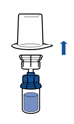 Fiala blu con liquido e tappo protettivo trasparente sopra un adattatore blu con freccia blu rivolta verso l