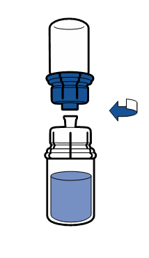 Fiala di vetro con liquido blu e tappo protettivo superiore da svitare indicato da freccia laterale