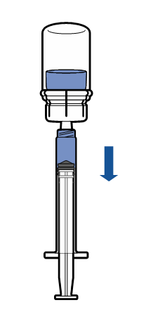 Fiala di vetro blu con stantuffo e ago collegato da un cilindro trasparente freccia blu verso il basso