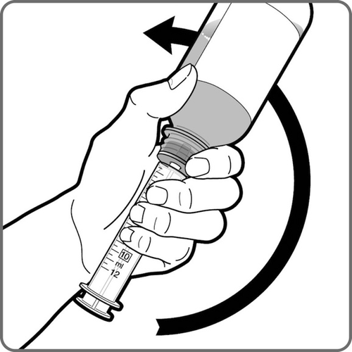 Mano che tiene una siringa con ago, freccia curva che indica rotazione e scala graduata visibile sul cilindro