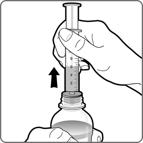 Mano che tiene una siringa graduata sopra un flacone di medicinale liquido con freccia direzionale verso l