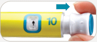Penna iniettabile gialla con indicatore numerico 10 e freccia blu che indica la direzione di utilizzo
