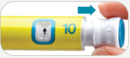 Penna iniettabile gialla con indicatore numerico 10 e freccia blu che indica la direzione di utilizzo