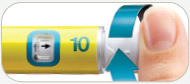 Penna iniettabile gialla con indicatore numerico 10 e freccia blu che indica la rotazione del dispositivo