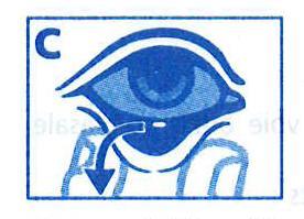 Occhio stilizzato blu con una freccia curva bianca che indica il movimento verso il basso e verso l