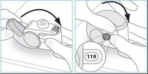 Dispositivo autoiniettante tenuto in mano con freccia che indica la rotazione e dettaglio del pulsante con numero 119