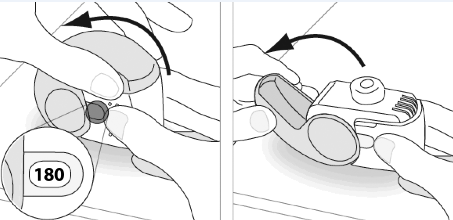 Dispositivo autoiniettante con ago protetto e pulsante di rilascio mostrato in due fasi di utilizzo con frecce direzionali