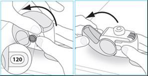 Dispositivo autoiniettante con due fasi di rotazione mostrate, freccia curva indica il movimento e numero 120 sul display laterale