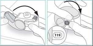 Dispositivo autoiniettante con due fasi illustrate da frecce nere e ingrandimento del pulsante con numero 119