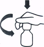 Mano che ruota un dispositivo spray cilindrico con frecce curve che indicano il movimento rotatorio