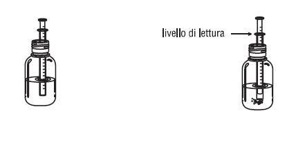 Fiala di vetro con stantuffo e scala graduata, indicazione del livello di lettura e confronto tra fiala piena e vuota