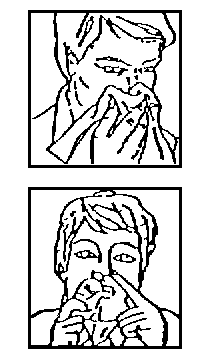 Uomo che tiene un fazzoletto al naso e alla bocca con entrambe le mani e poi guarda in alto con le mani vicino alla bocca