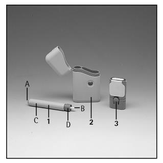 Dispositivo autoiniettante aperto con cartuccia inserita e tappo di protezione laterale numerato da 1 a 3