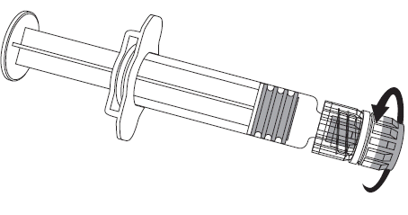 Siringa preriempita con stantuffo parzialmente estratto e ago protetto da cappuccio filettato in rotazione