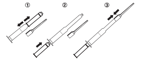Siringhe schematiche in tre fasi di preparazione all