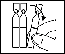 Due fiale medicinali con mano che afferra una fiala inclinata e freccia che indica l
