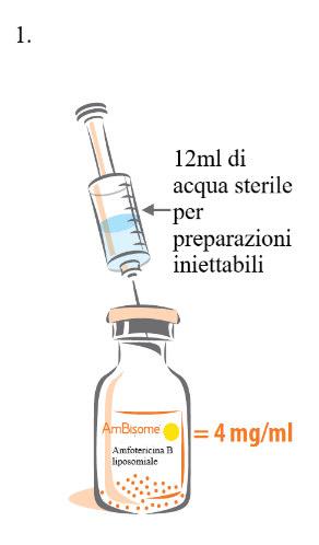 Siringa che preleva 12ml di acqua sterile da un flacone di AmBisome 4mg/ml per preparazione iniettabile