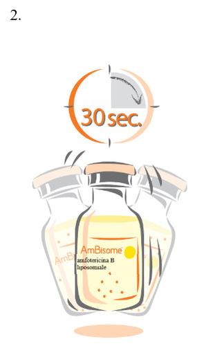 Fiale di AmBisome con etichetta gialla e scritta, accanto un timer circolare che indica 30 secondi