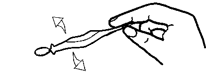 Mano che tiene una pinzetta che afferra un oggetto cilindrico con due estremit&agrave; appuntite e un anello