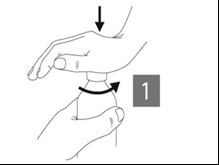 Mano che afferra il braccio con una fascia elastica, freccia curva indica la direzione di applicazione e numero 1 in riquadro grigio