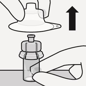 Fiala medicinale con protezione superiore rimovibile tenuta da una mano, freccia direzionale verso l