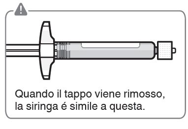 Siringa preriempita con stantuffo parzialmente estratto e tappo di protezione rimosso, indicazione visiva del farmaco pronto all